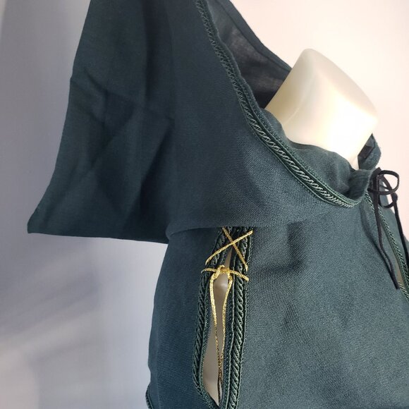 Large Linen Like Dark Green Hooded Medieval Cape w Gold Lacing Details - Picture 6 of 12